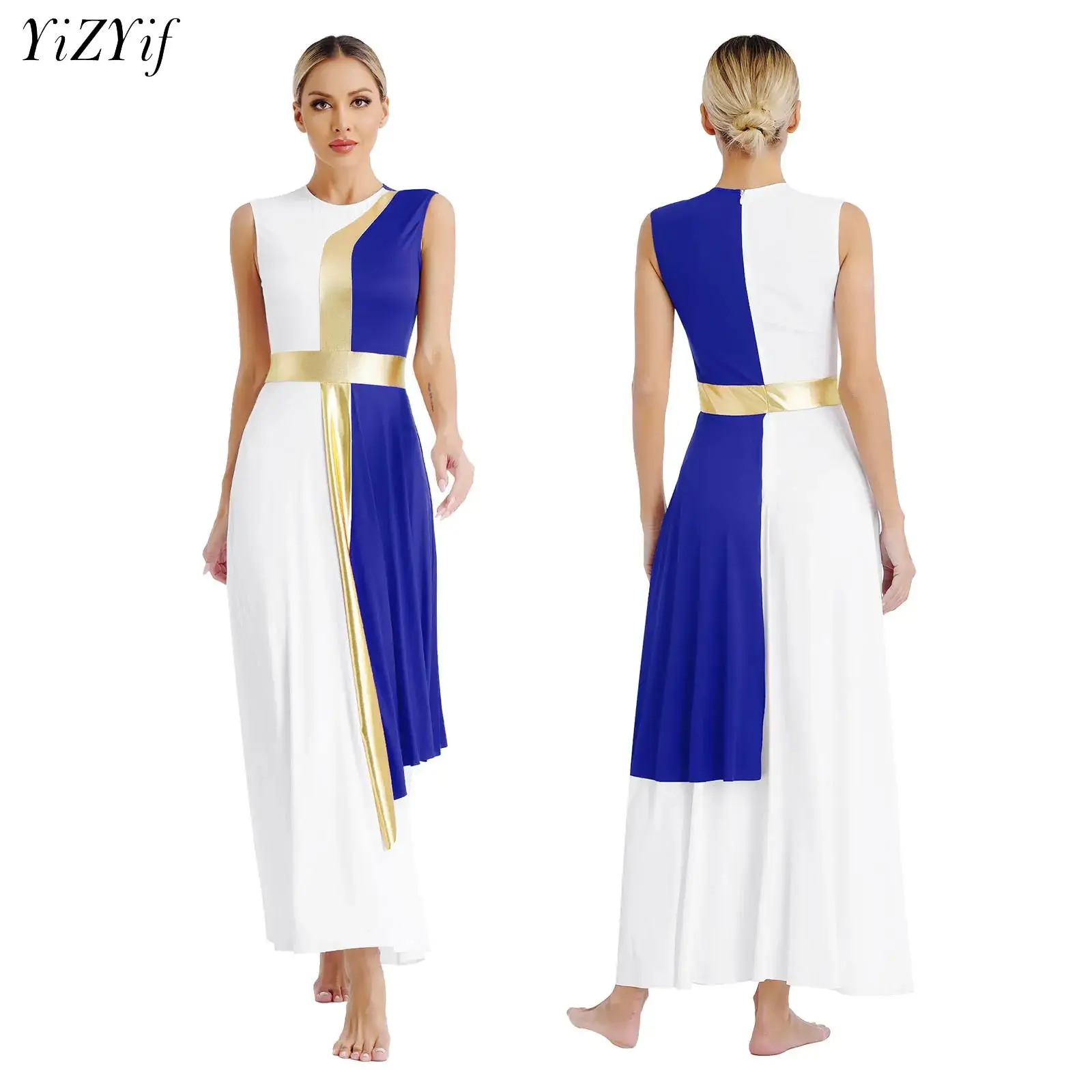 

Womens Lyrical Dance Dress Modern Liturgical Worship Praise Dancewear Sleeveless Contrast Color Costume for Stage Performance