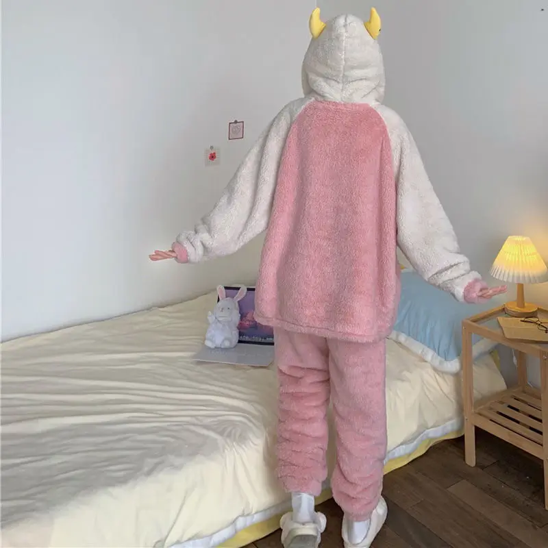 2024 New Design Cute Little Monster Pajamas Women Sleepwear Plush Autumn Winter Home Clothes Thick Coral Wool Ladies Loungewear