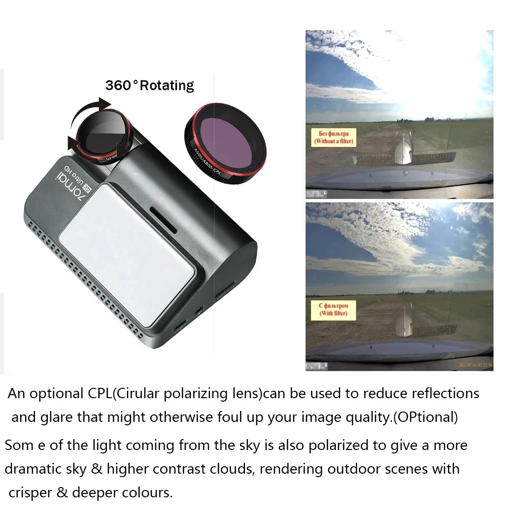 70mai Dash Cam 4K A800s CPL 필터 Glas CPL 필터 70mai Dash Cam A800S 원형 편광판 유리
