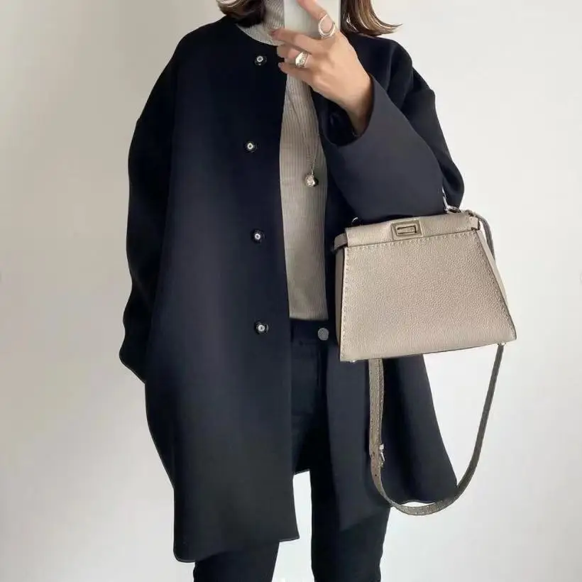 

2023 High Quality Women's Medium Length Coat Straight Plain Loose Round Neck Long Sleeves And Light Mature Style Top For Women