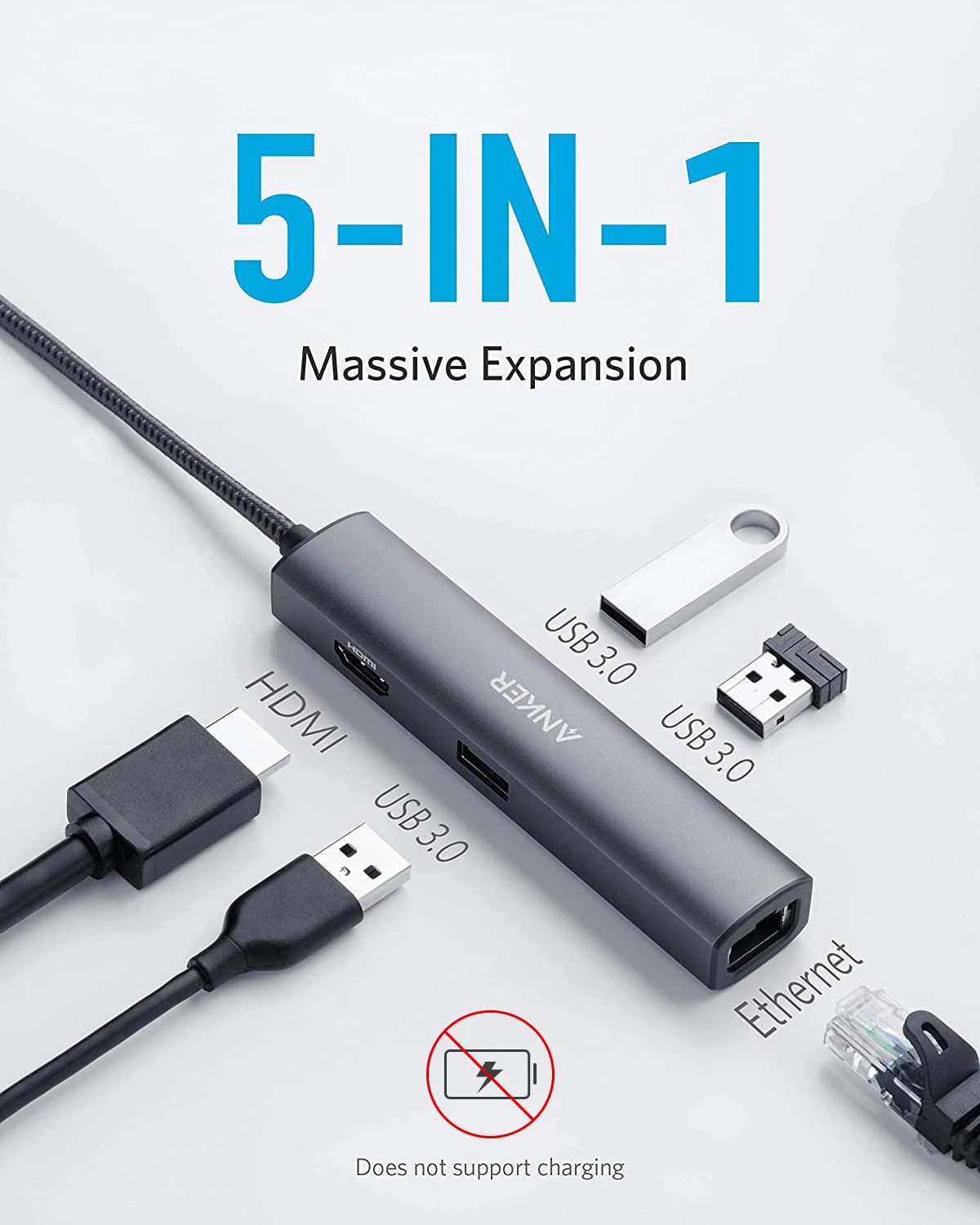 Anker USB 허브 어댑터, 맥북 프로 PC 액세서리용, 이더넷 포트 3 USB 3.0 포트, 4K USB C-HDMI, 5 인 1