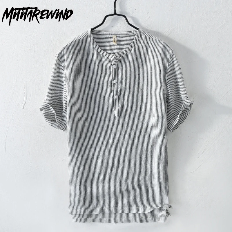 

Summer New Pullover Tops Japanese Striped Pure Linen Skin Friendly Breathable Short Sleeve Shirt Casual Literary Men's Clothing
