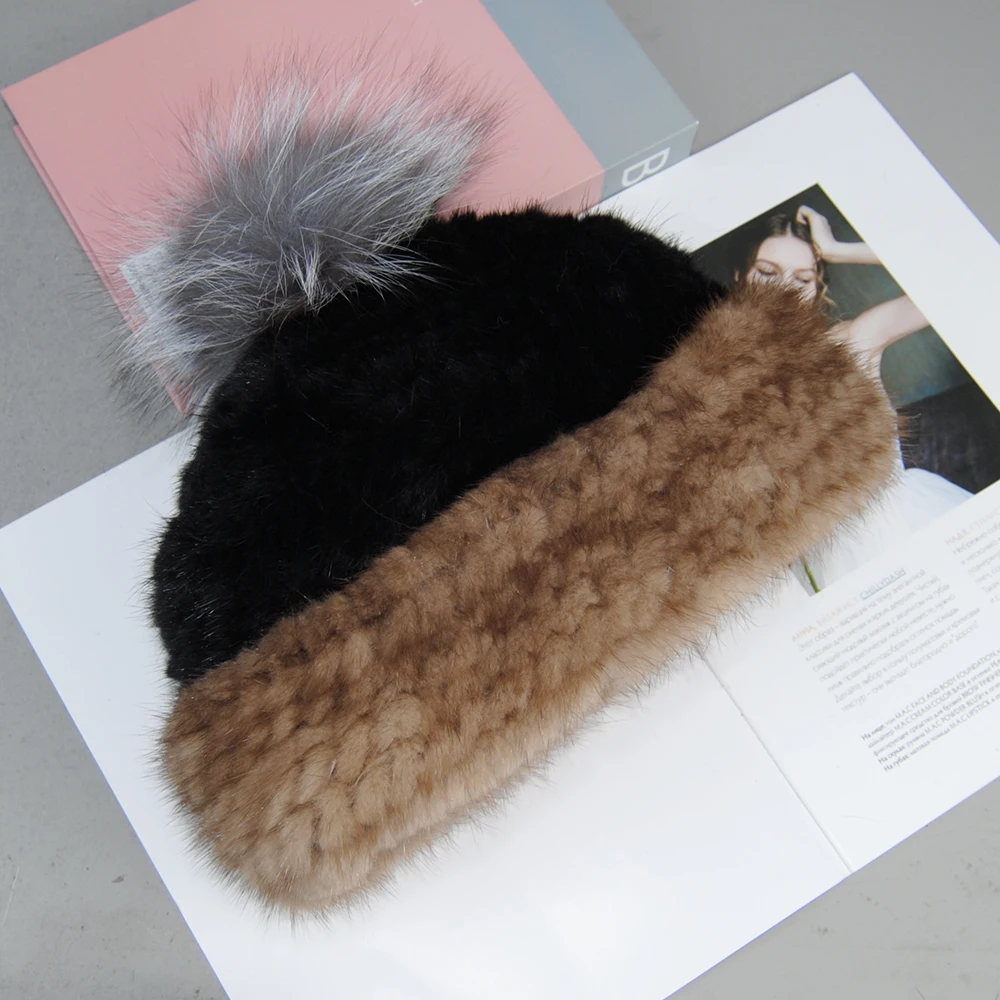 Top Quality Natural Fox Fur Pom Poms Beanie Lady Fashion Women's Winter Knitted Mink Fur Patchwork Real Mink Fur Hat Cap 5