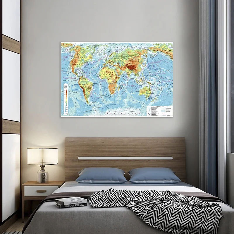 225*150cm Russian Map of The World Wall Sticker Classic Edition World Wall Maps Canvas Wallpapers Vintage Decor Travel Gift