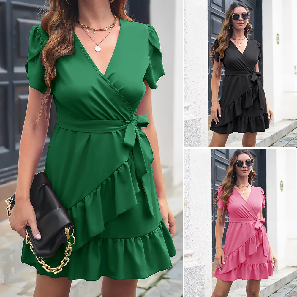 

Ruffled skirt, petal sleeve, V-neck dress, women's summer new style, solid color, noble lady temperament, fashionable versatile