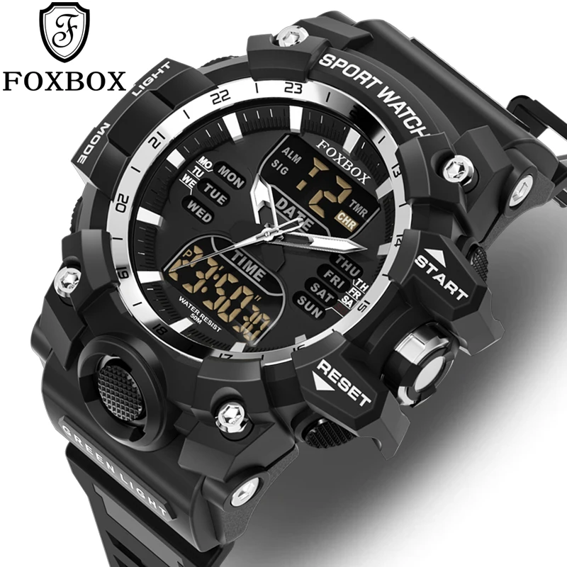 FOXBOX Watch Men Dual Display Watch Waterproof Chronograph Quartz Military Sports Mens Watches New Fashion Watches for Mens+Box