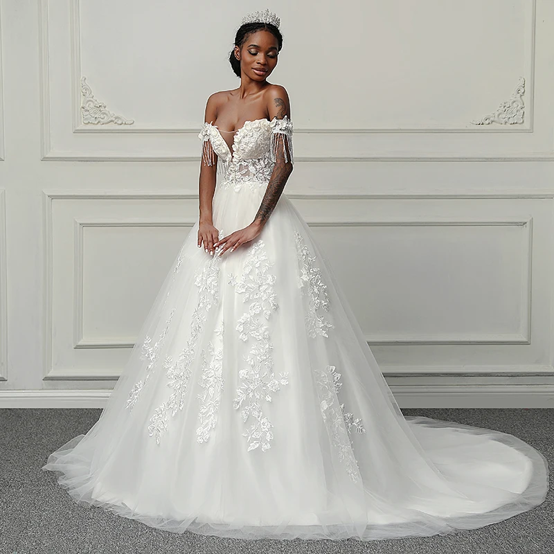 Customized Boat Neck Wedding Dresses for Women flower pattern tassel vestidos de novia robe de mariée Wedding Ceremony Dress 3