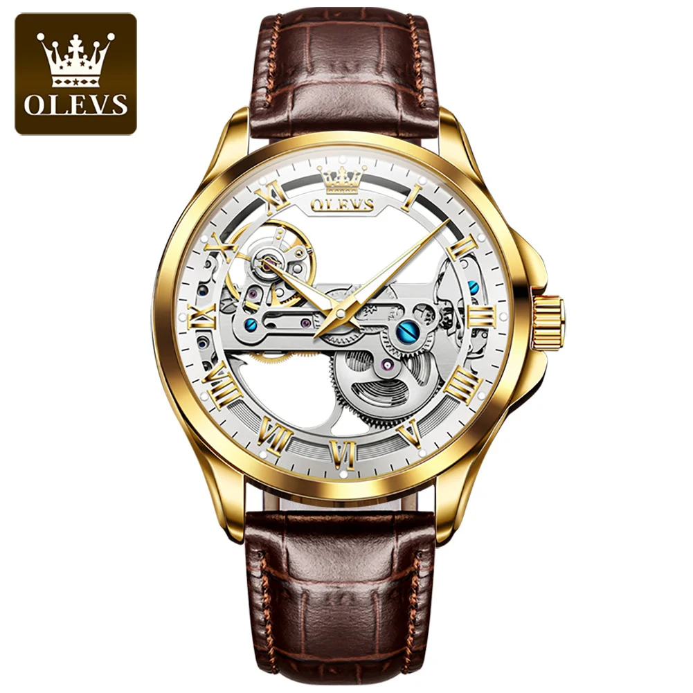 

OLEVS Men's Watches Automatic Mechanical Watches Waterproof Leather Strap Top Luxury Men Wristwatch Luminous Gift Box Watch Men