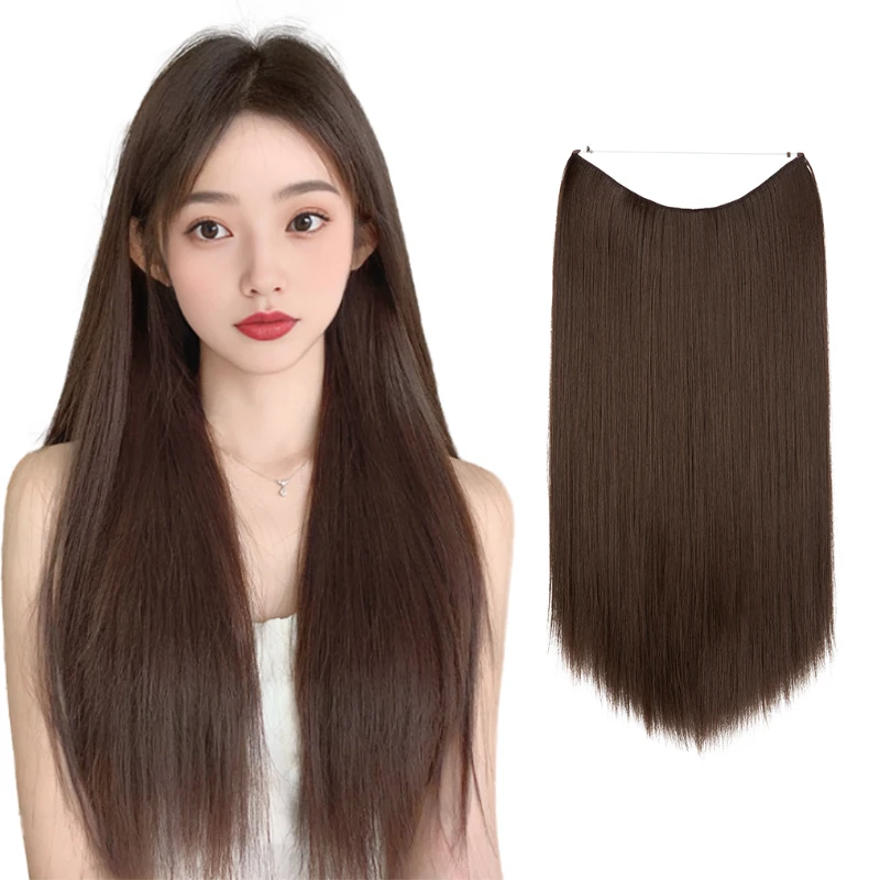 Premium Heat Resistant Synthetic Invisible Wire Hair Extensions No Clips Hairpieces Long Natural Straight Fake Hair For Woman