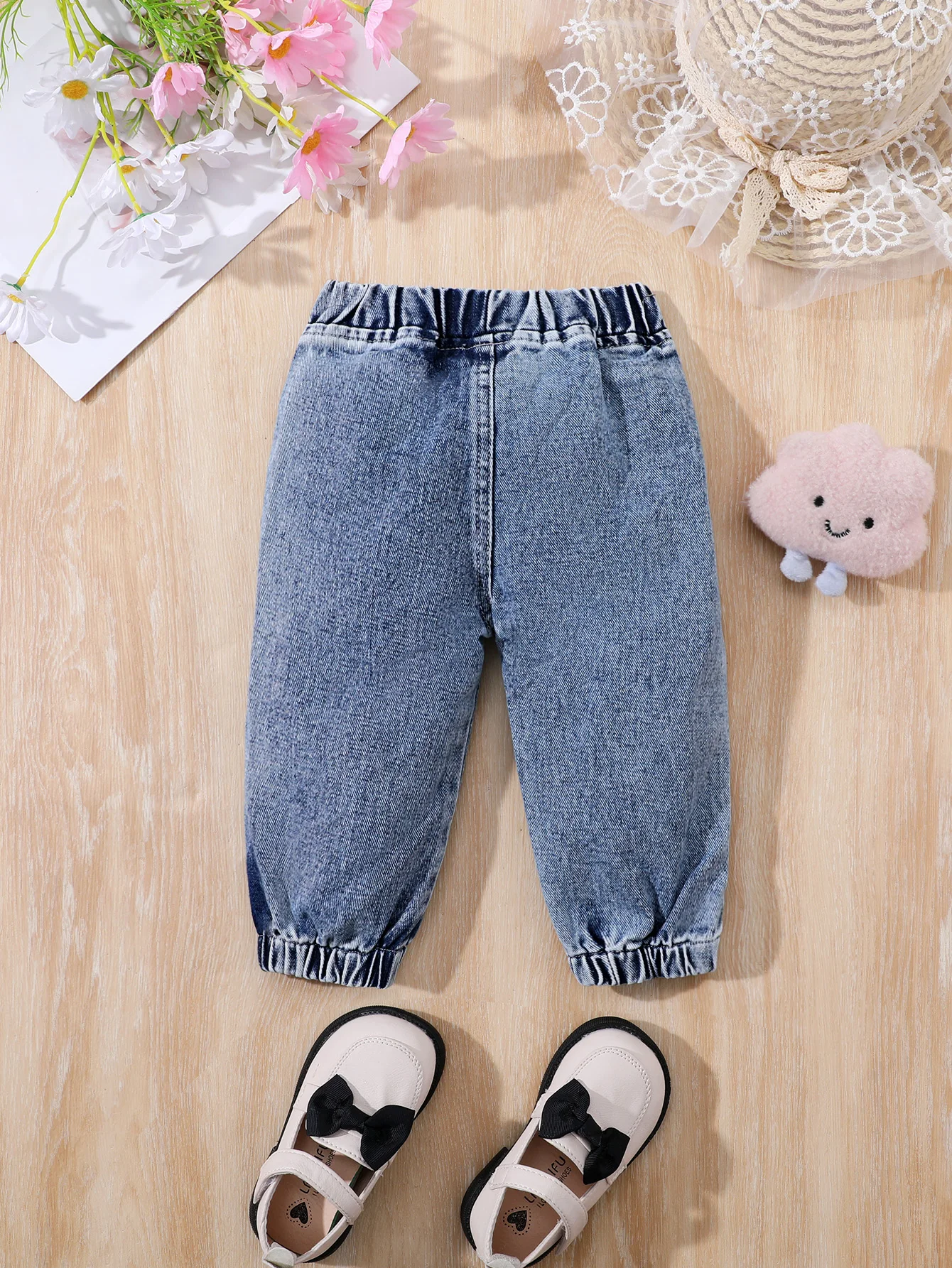 Girls jeans baby children four seasos fake pocket embroidered cat bow foot edgeekastuc dark blue kids denim jeans