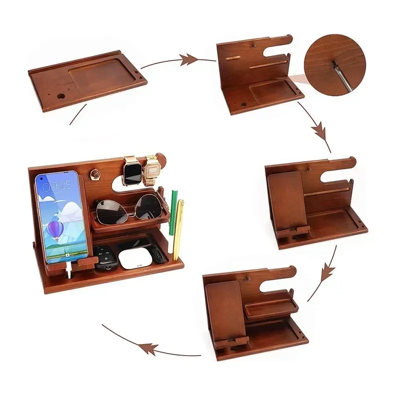New Wood Phone Docking Station Holder Wallet Stand Watch Storage Rack Valentines Multifunctional Bedside Organizer