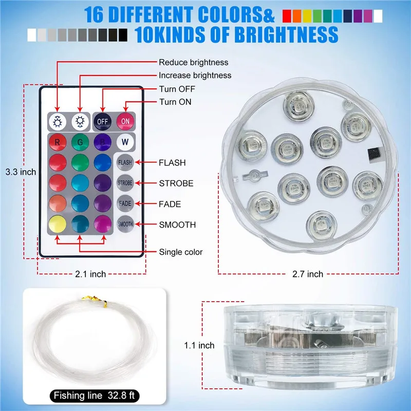 10leds RGB Submersible Light Underwater Night Lamp Battery Operated Garden Swimming Pool Light for Wedding Party Vase Bowl