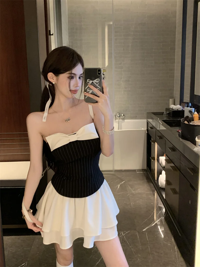 Sexy Striped Patchwork Short Dresses for Women Strapless Layered Ruffles A-line Bow Birthday Party Dress Korean Fashion Vestido