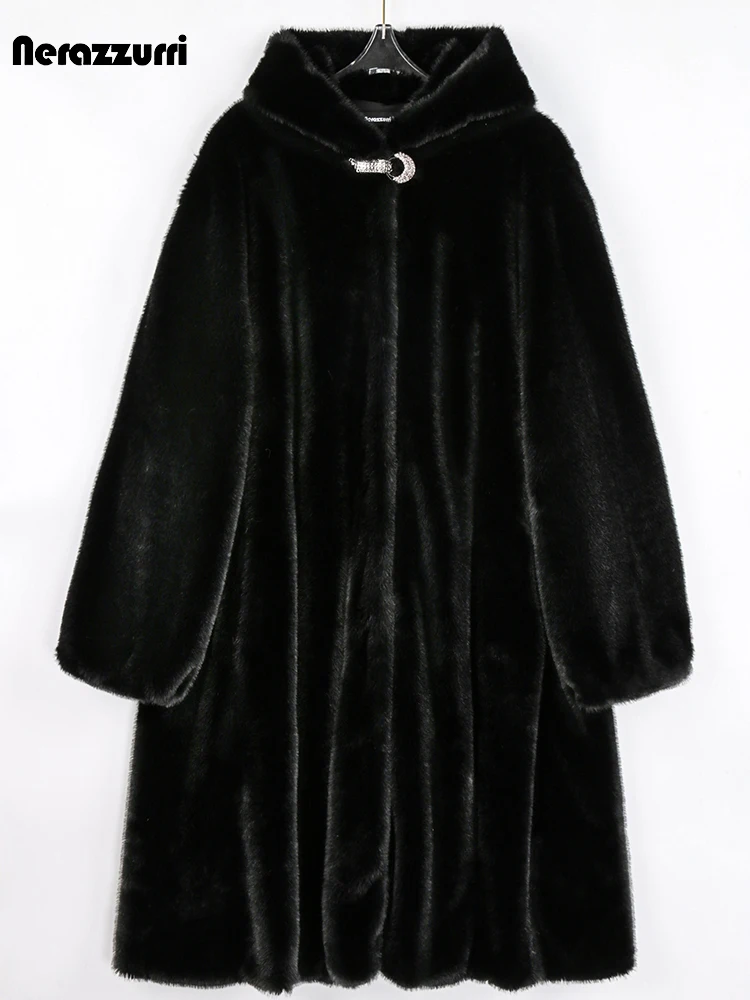 

Nerazzurri Winter Long Black Thick Warm Fluffy Faux Mink Fur Coats for Women Winterwear with Hood Luxury Fluffy Jacket 6xl 7xl