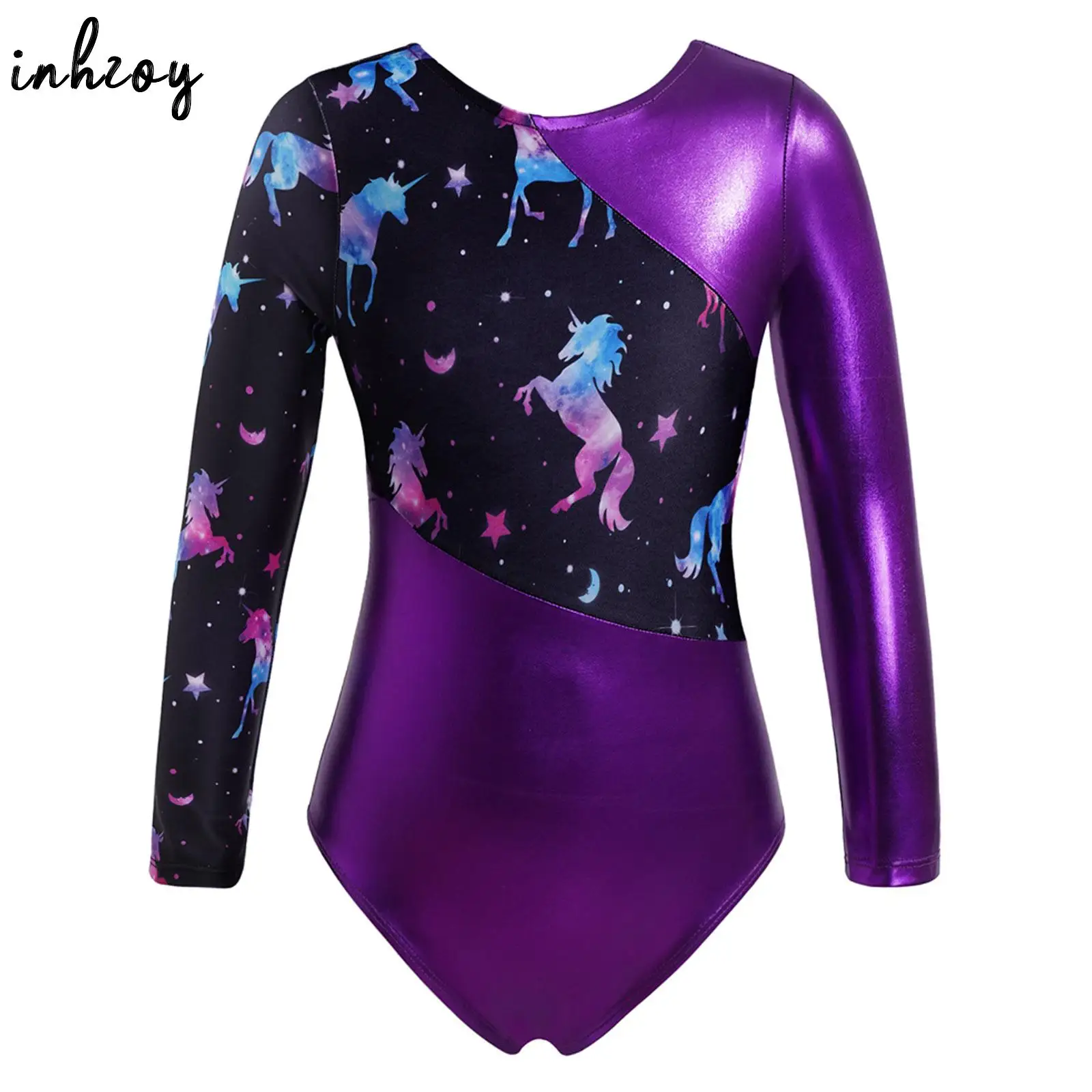 

Kids Girls Gymnastics Ballet Dance Leotard Training Clothes Shiny Metallic Long Sleeve Printed Jumpsuit Figure Skating Bodysuit