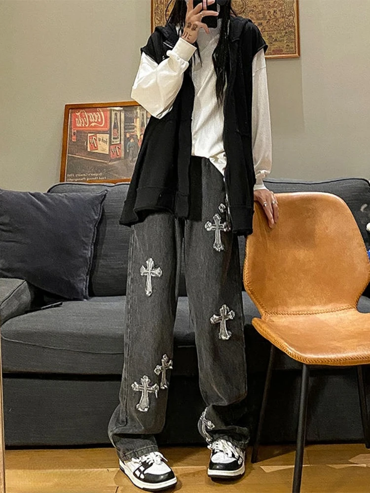 Women Y2k Cross Sweatpants Femme Harajuku Baggy Jeans Female
