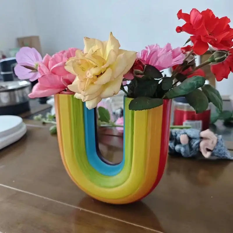 Modern Simple U Shape Vase Creative Rainbow Dried Flower Vase Modern Aesthetic Ornaments Resin Flowerpot For Office Home Decor 6