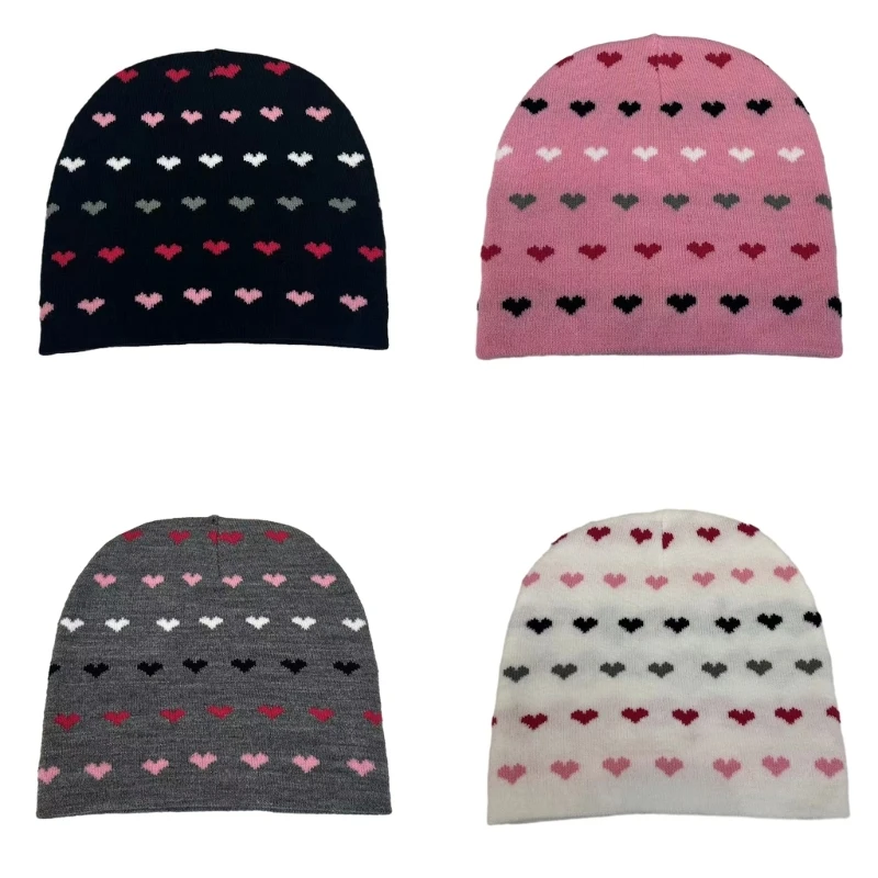 

Teens Jacquard Heart Knit Hat Ear Protecting Winter Driving Hat for Girls Boys