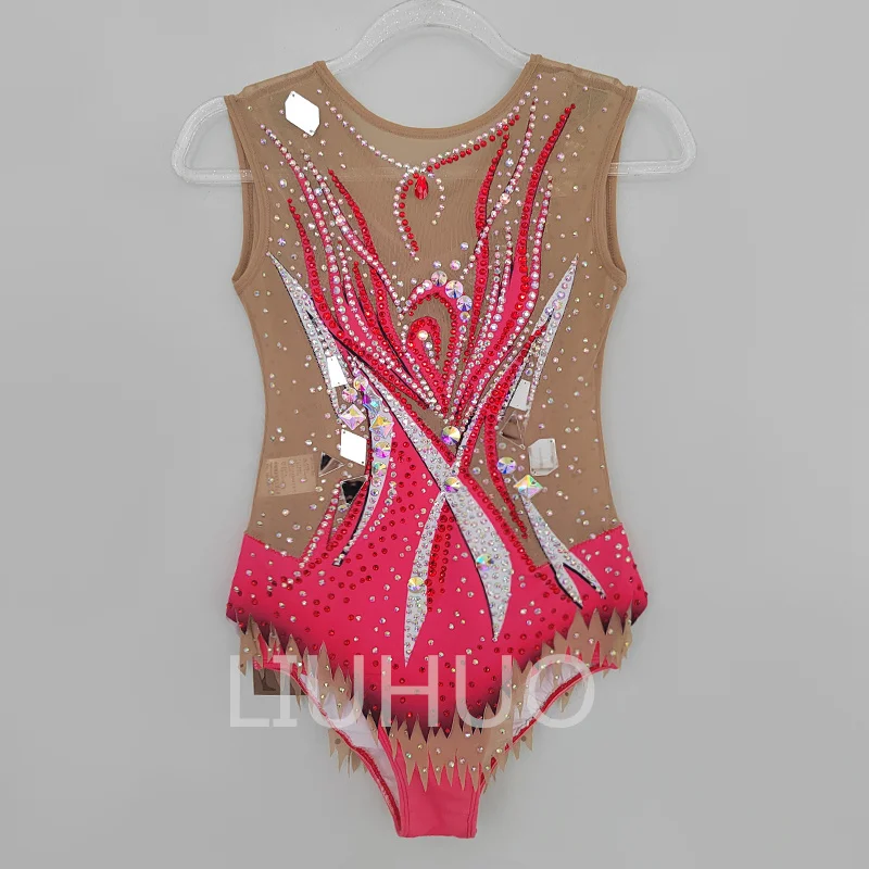 

LIUHUO Rhythmic Gymnastics Leotards Girls Red Print Luxury Flash Diamond Competition Costume