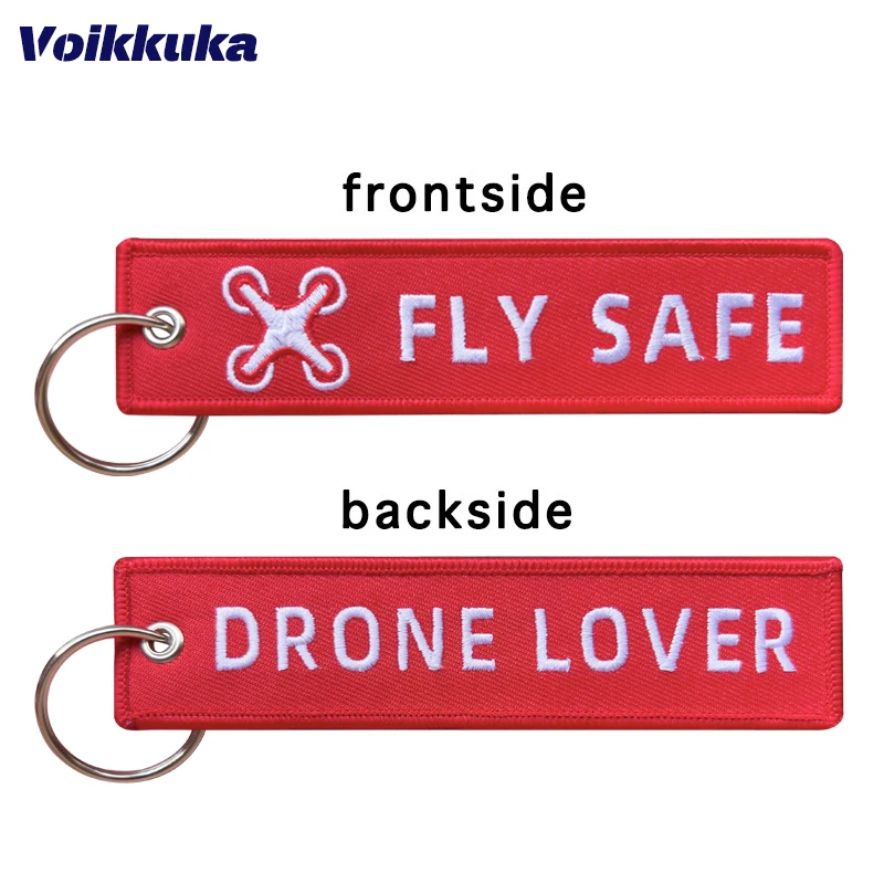 1pc 2pcs 3pcs Set Verkauf beide Seiten Stickerei fliegen sicher Drohne Liebhaber Logo rot Tag Motorrad Luftfahrt Auto Schlüssel bund Tasche accesorios