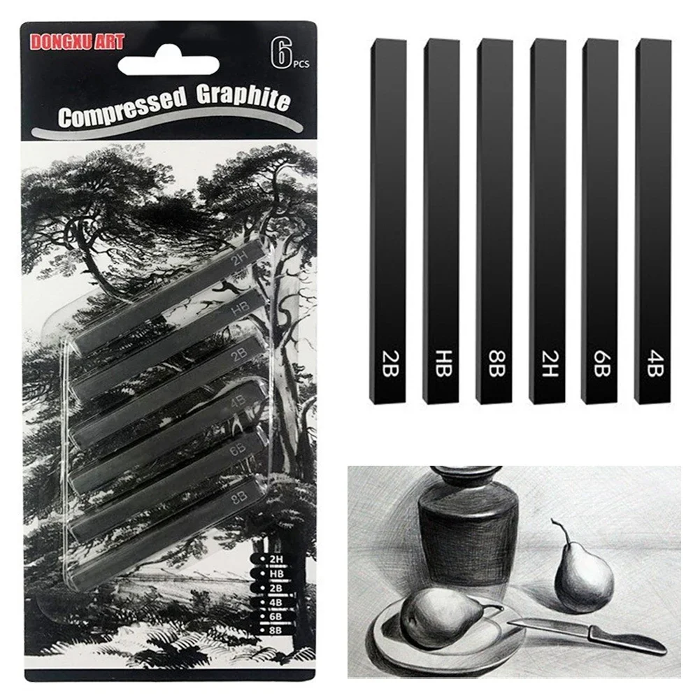 6pcs Carbon Strip Professional Black/White Carbon Sketch Hard/Medium/Soft Woodless Charcoal Pencil Set Drawing Painting Supplies 2