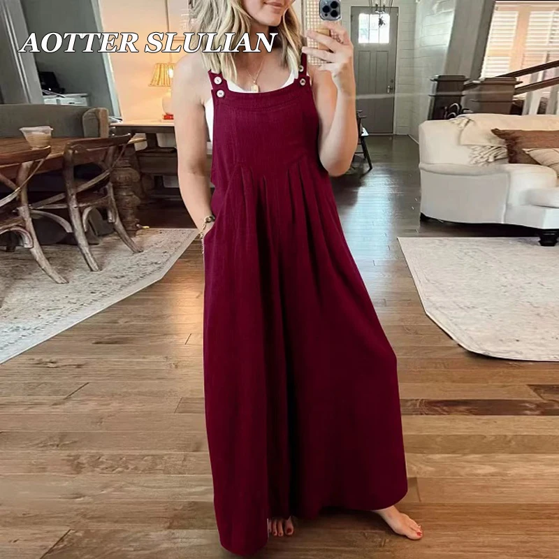 Women Vintage Jumpsuit With Pockets Casual Solid Color Wide Leg Suspender Pants Cotton Linen Loose Overalls Outfit Strap Rompers