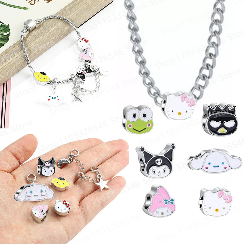 

Hellos Kittys Sterling Silver Bracelet Anime Mys Melodys DIY Ladies Beaded Accessories Cartoon Charm Pendant Girl Jewelry Gift