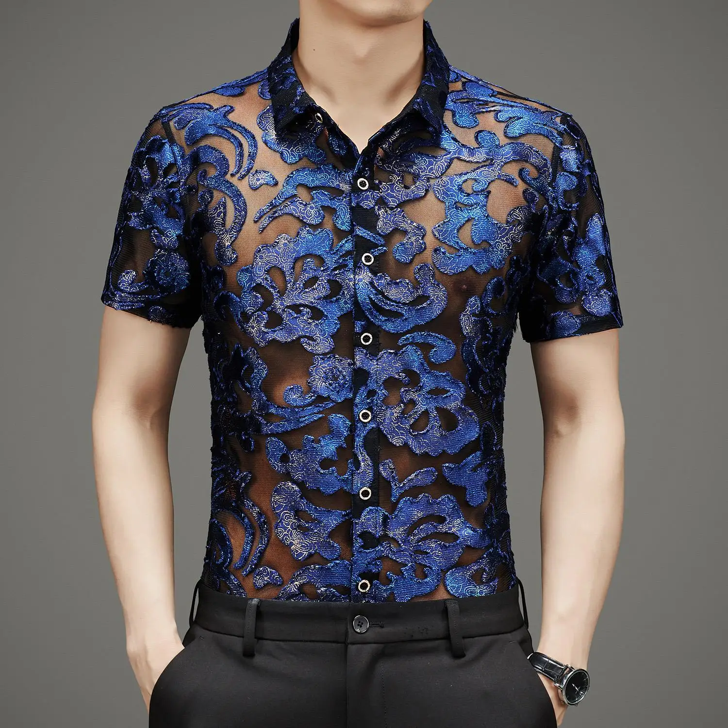 

Mens Bling Cocktail Mesh Fishnet See Through Short Sleeve Shirts Thin Floral Shorts Tops Blue