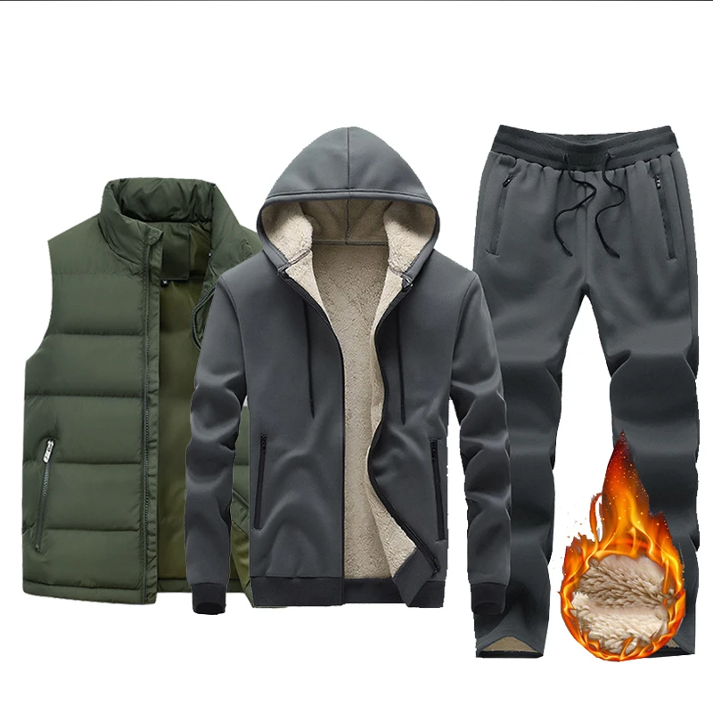 New Fleece Men Set Fashion Brand Tracksuit Lined Thick Hooded Sweatshirt + Pants Sportswear 3Pcs Sets Male Winter Warm Outerwear