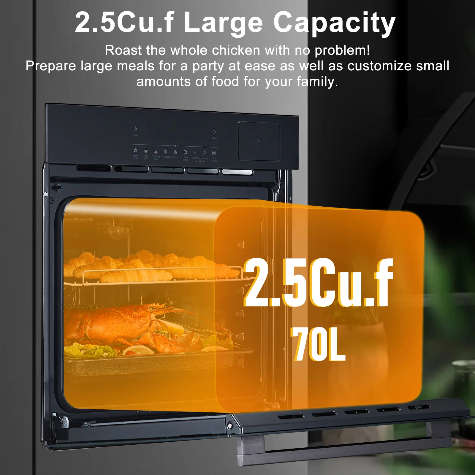 24" Electric Single Wall Oven, 2.5Cu.ft with 8 Baking Modes, 70L Electric Convection Oven, with Air Frying Function, 3000w