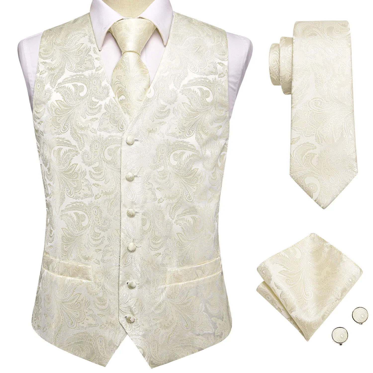 Elegant Sage Green Men's Floral Suit Vest Set – 4-Piece Ensemble with Woven Blue Accents