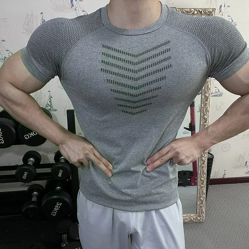 Rongkun 남자 원활한 스포츠 티셔츠 빠른 건조 슬리밍 야외 등산 강한 남자..