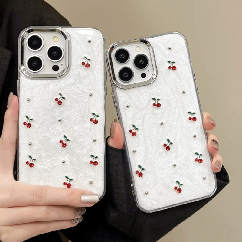 Fashion Electroplated Cartoon Diamond Glitter Cherry Cute Shockproof Silicone Case For iPhone 11 12 13 14 15 Pro Max Cover Girl