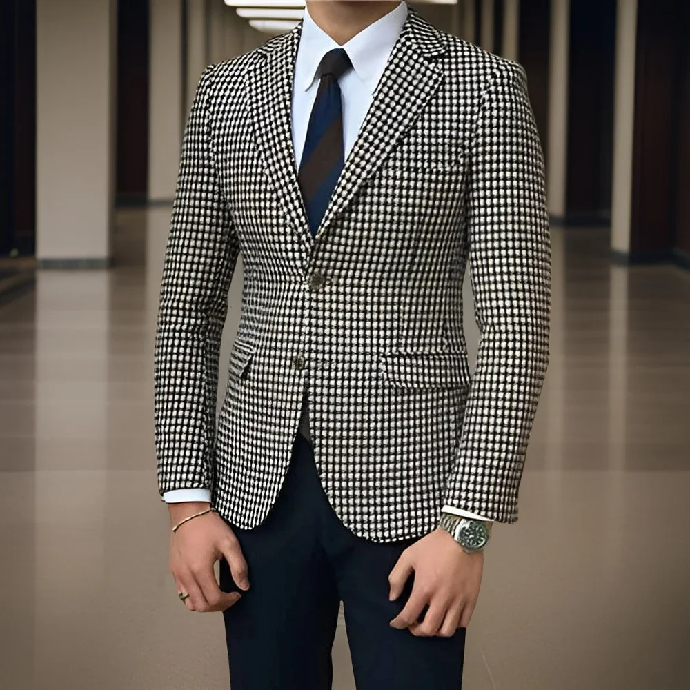 

Plaid Blazer For Men Slim Fit Casual Houndstooth Suit Jacket Notch Lapel Stylish Male Coat With Side Slit Ready To Ship 2024