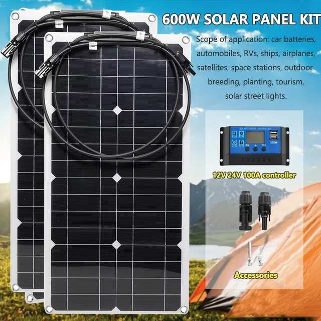 Kit de panneaux solaires flexibles 300W 600W, cellule solaire avec contrôleur 10A-100A, batterie externe pour maison, téléphone portable, voiture, camping-car, extérieur 1