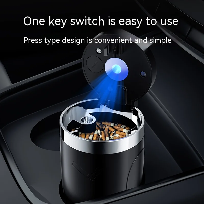 Car Ashtray,Portable Ashtray,Car Ashtray with Lid Smell Proof Stainless Steel Blue Led Fireproof One Touch Open