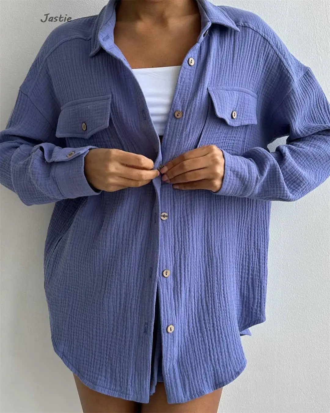Lapel Loose Shirts High Waist Shorts Two Piece Set Spring Autumn Long Sleeve  Blouse Cotton Women Outfits Fashion Shorts Sets