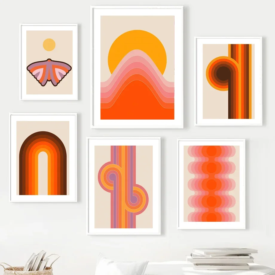 Retro 70S Stripes Art Prints Sunset Lip Rainbow Flower Butterfly Boho Poster Canvas Painting Immagini A Parete Per La Decorazione Del Soggiorno