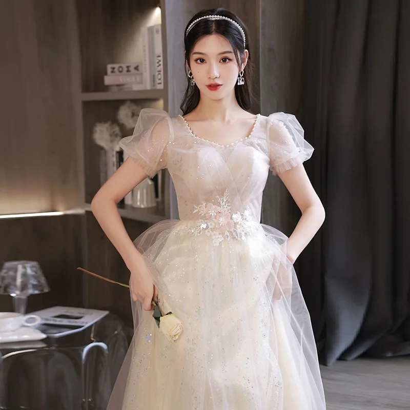 

Женское банкетное вечернее платье цвета шампанского, новое весенне-летнее праздничное платье с рукавами-фонариками, длинное платье в Звездном стиле для дня рождения