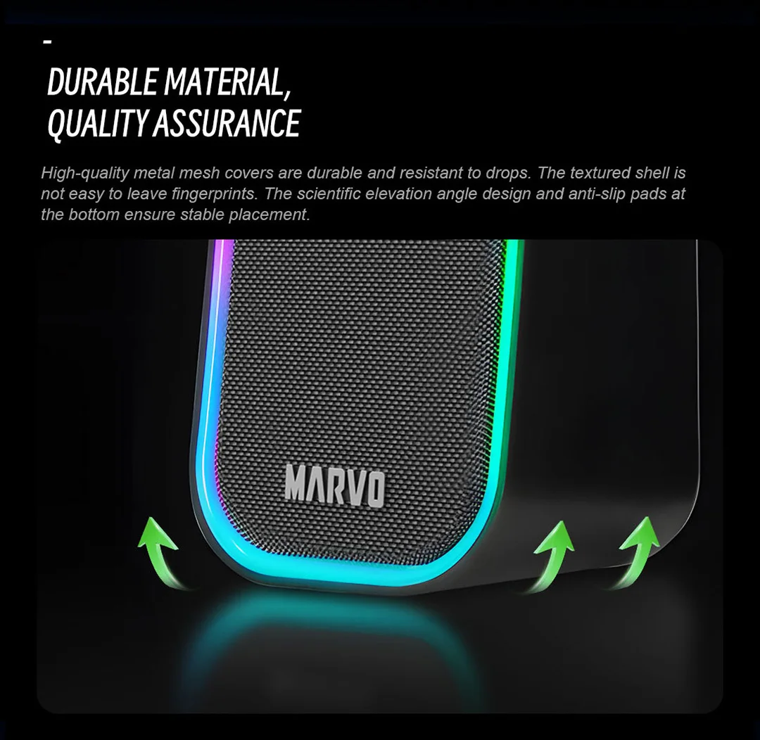 Marvo SG-285 유선 USB 스피커 RGB 조명 5 모드 스테레오 사운드 볼륨 조절 PC 용 전 범위 플라스틱 데스크탑 컴퓨터 스피커