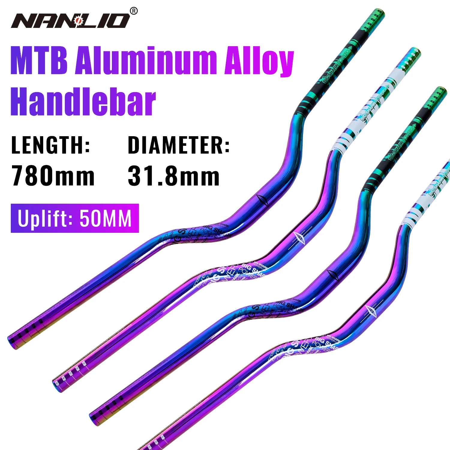 NANLIO Bicycle Handlebar Dayan Handlebar, 50MM Rise 780MM Length 31.8MM Diameter Rainbow Color - Image 2