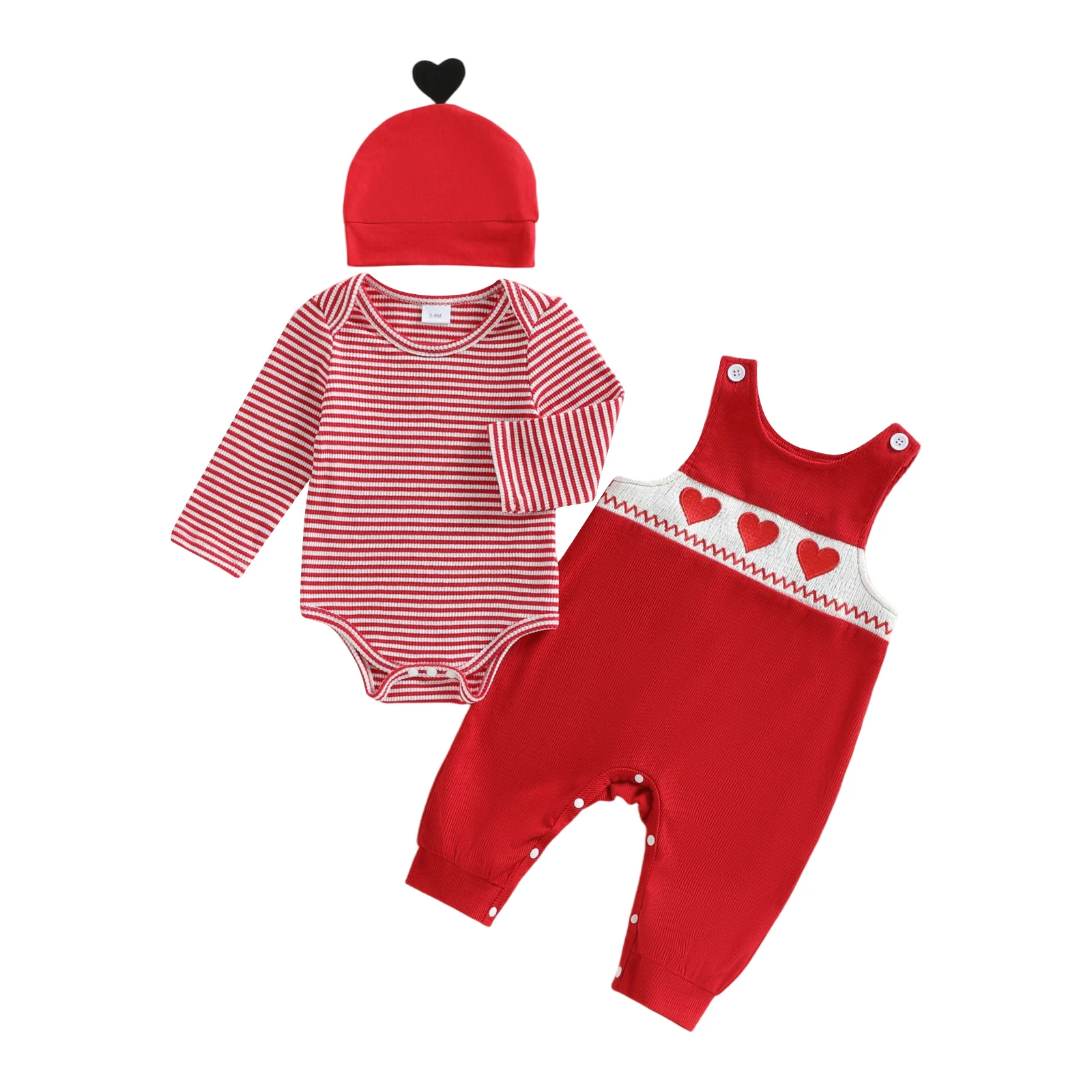 Baby Boy Valentine s Day Outfit Long Sleeve Striped Romper with Heart Embroidery Overalls Pants and Hat Set for Infants