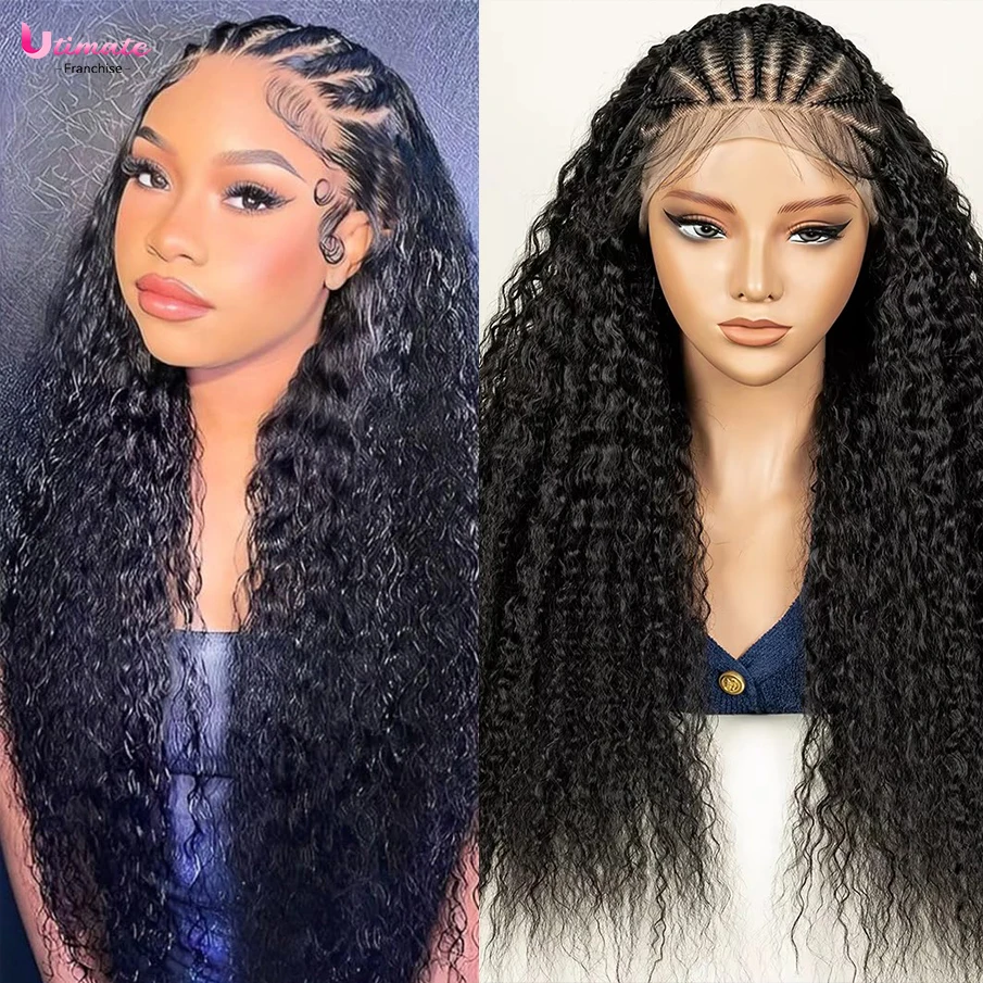 Curly Hair Wig Braided Wigs Transparent 13x6 Lace frontal Synthetic Wig Cornrow Permanent Braids 26 inch For Black Women