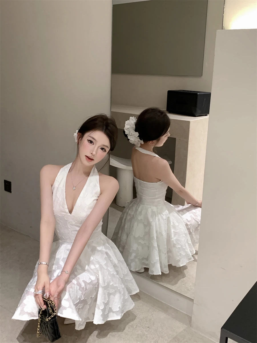 Y2K Halter Backless Short Dresses for Women V-neck Jacquard Sleeveless A-line Birthday Party Dress Prom Mini Vestidos Mujer New