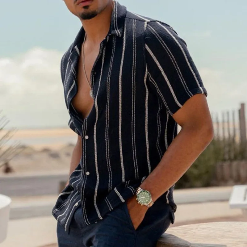 

New Hawaiian Shirts For 3D stripe pattern Print High-Quality Men'S Clothing Beach Party Short Sleeve Loose Oversized Shirt-A031