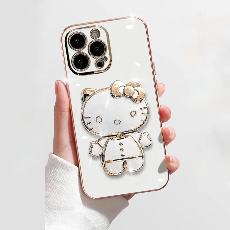 thumbnail image 1 of Funda de lujo con soporte de espejo de Hello Kitty para iPhone 14, 11 Pro Max, 13, 12 Mini, XS, XR, X, 8, 7, 6S, 6 Plus, cubierta trasera de silicona suave, 1 of 5