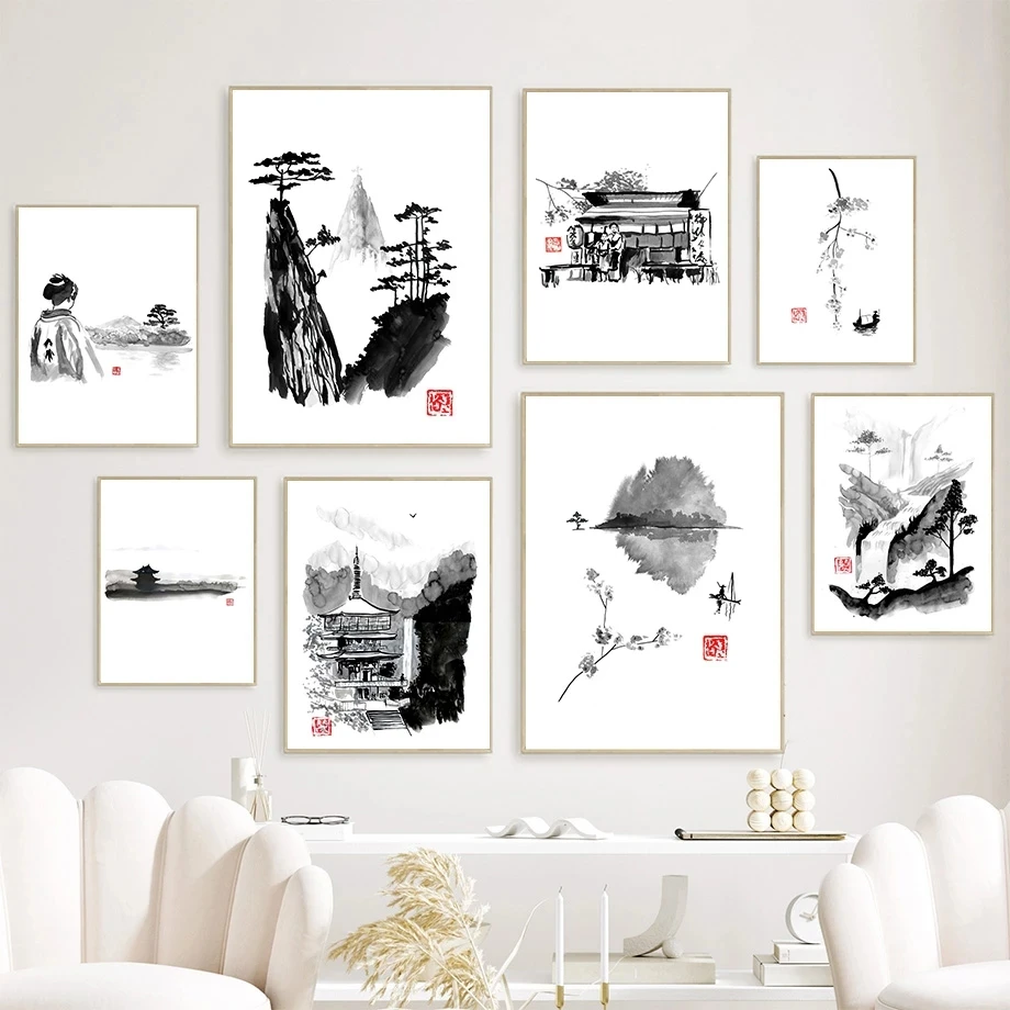 

Black White Watercolor Landscape Wall Art Canvas Painting Chinese Style Scenery Posters and Prints for Living Room Home Decor