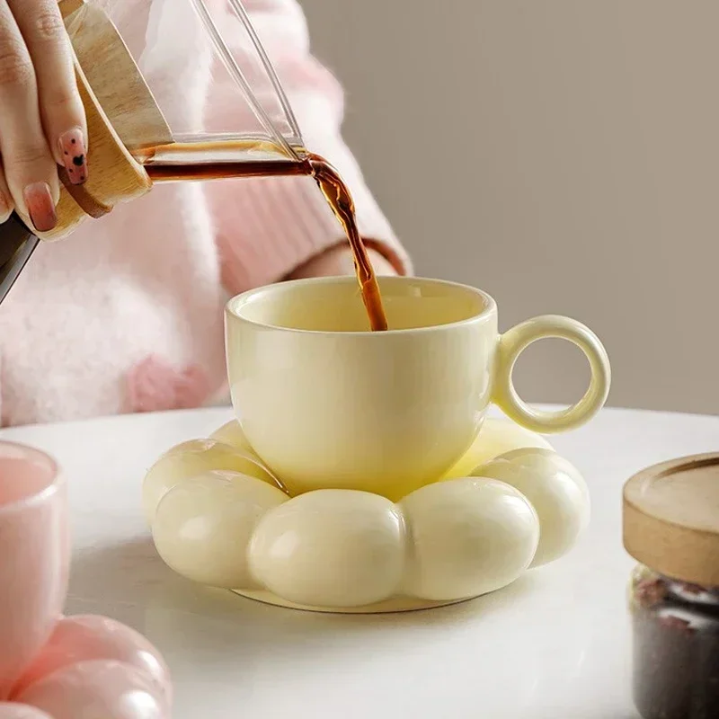 Goaste 2 Pack Ceramic Coffee Mug With Saucer Set, Cute Cloud Mug With Sunflower Coaster, 8oz Creative Latte Tea Cup For Office, Home, Coffee, Tea, Latte, Milk, Pink, Pearl White - View #4
