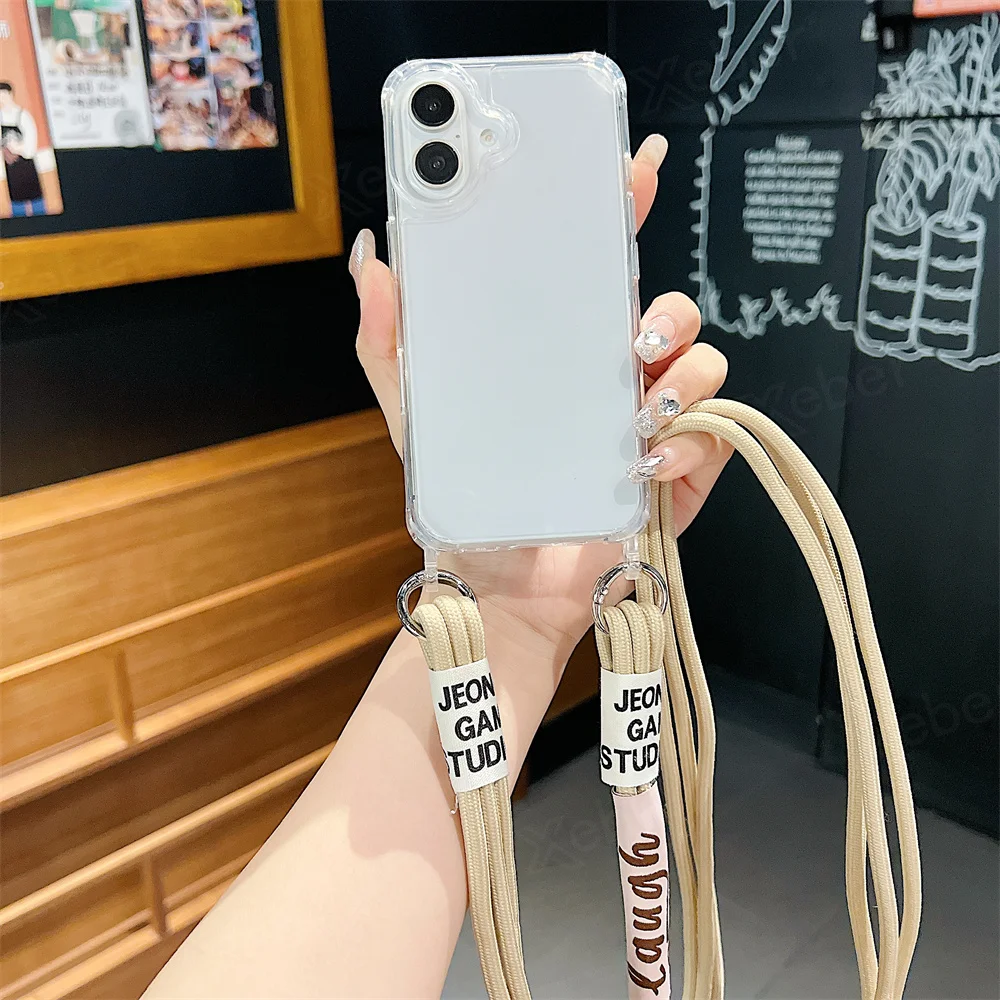Étui de téléphone transparent avec lanière et collier en bandoulière pour iPhone 15 16 14 Pro Max 14 13 12 11, housse de protection antichoc à coussin d'air_voghion.com