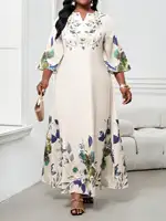 Elegant Floral Maxi Dress for Women, Plus Size V-Neck Bell Sleeve Summer Dress for Wedding Guest or Office